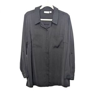Susan Graver Shirt Womens 18W Plus Size Black Long Tab Sleeve Blouse Button Down